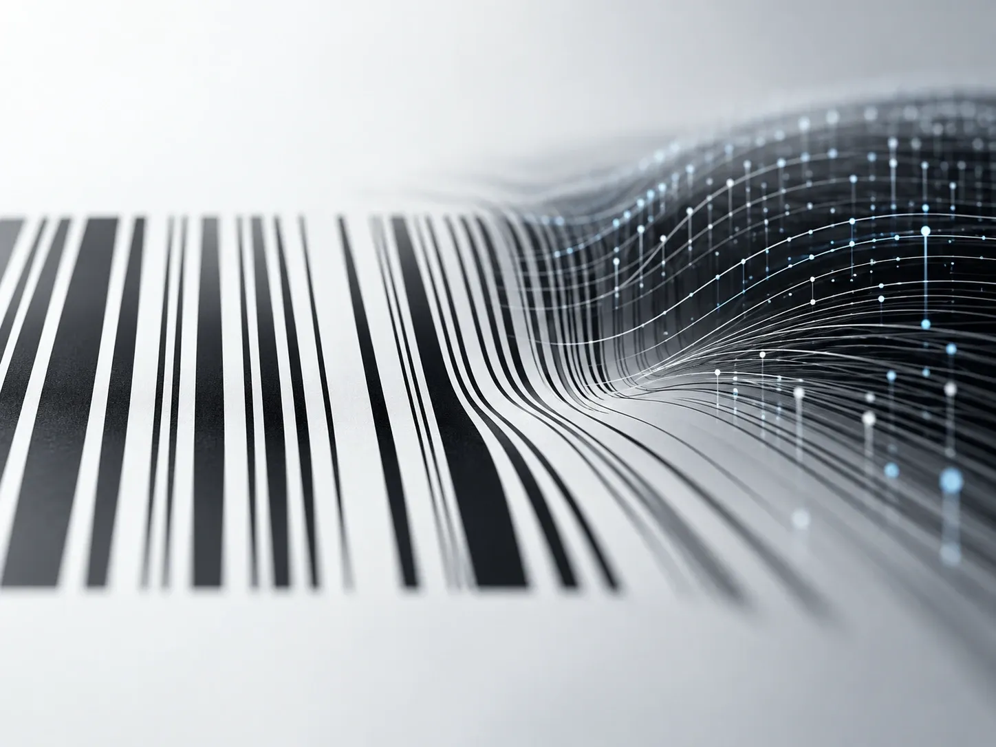 Barcode lines flowing into a luminous data mesh
